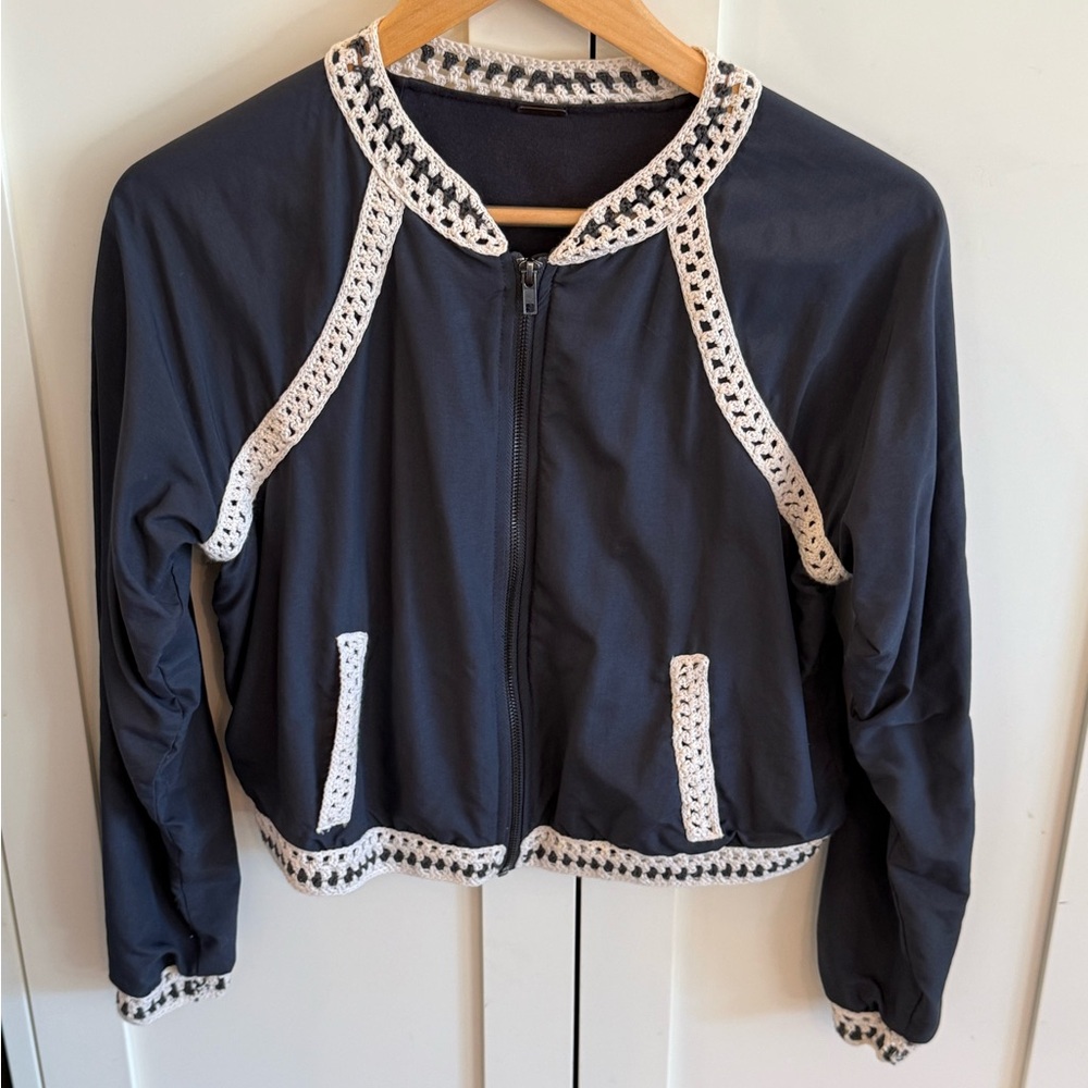 Free People Dark grey Blue Bomber Jacket with Crochet Details